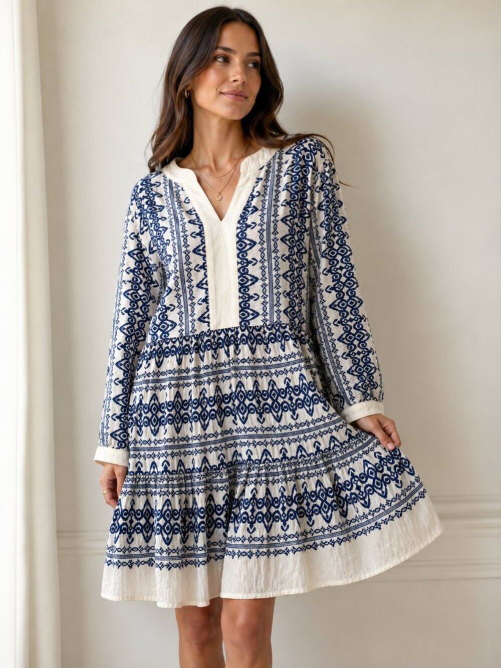 Fig + Flower Blue Ivory Boho Print Tiered Mini Dress Long Sleeve Size L
